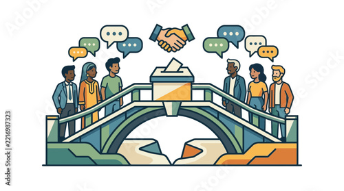 Diverse people voting on a bridge with handshake icon for International Day of Democracy