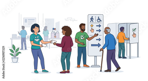 Diverse people voting at polling station for election day illustration