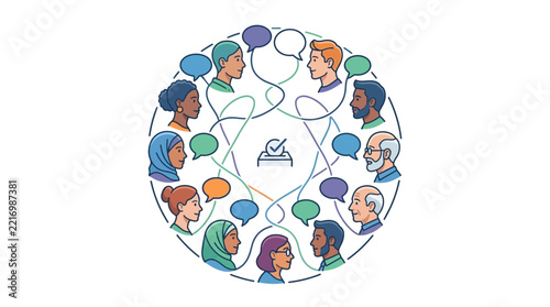 Diverse people communicating around a ballot box for International Day of Democracy