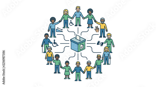 Diverse group of people holding hands around a ballot box for International Democracy Day