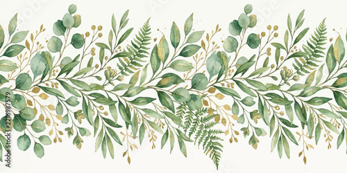 Seamless horizontal border featuring watercolor green leaves and botanical ferns hand painted watercolor painting design element greenery botanical