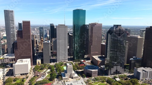 Aerial panorama of Houston urban core with contemporary office towers and highways. Texas major city center offers striking architectural landscape.