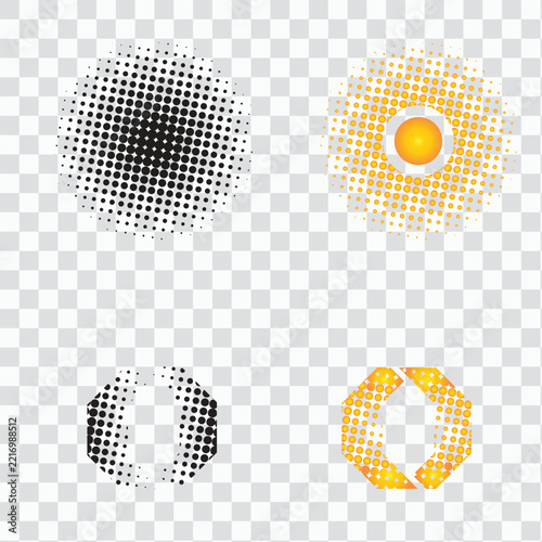 Halftone circle and hexagon shapes with dotted patterns on transparent background