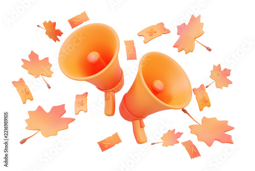 Megaphone with leaf coupon percentage discount loudspeaker floating isolated on transparent png background. advertising promotion event autumn concept. 3d rendering illustration