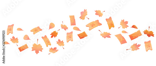 Coupon with maple leaf floating fly isolated on transparent png background. Creative advertising promotion event marketing autumn concept. Shopping special poster banner. 3d render elements
