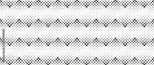Abstract seamless halftone pattern background. Black and white geometric dotted texture with repeating retro chevron shapes and optical illusion effect.