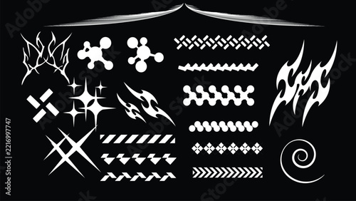 Set of black and white vector graphic elements including tribal flames, geometric patterns, molecular structures, and abstract shapes.