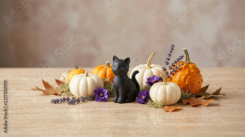 Tiny black cat decoration surrounded by purple flowers and miniature gourds in a playful advertising concept for strong seasonal visual impact, with warm festive lighting