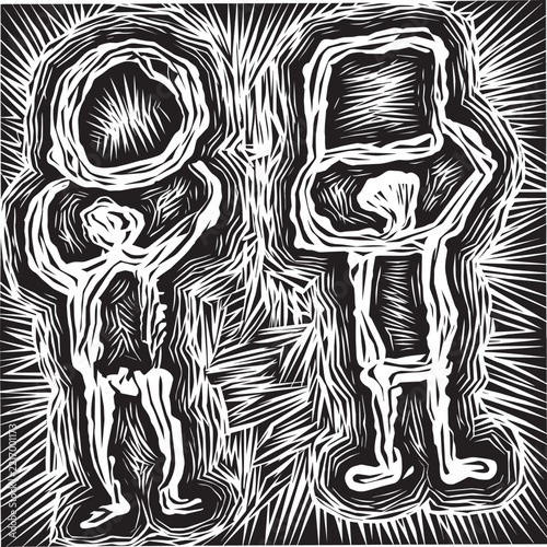 linocut style illustration of 2 people arguing 