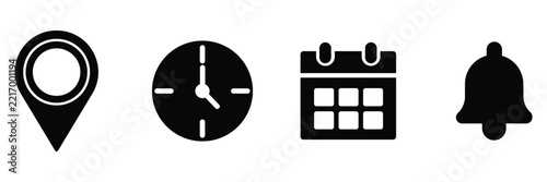 Time date and notification line icons calendar address location pointer and alarm bell notice alert business schedule and office time clock location place date reminder, event scheduling and time.