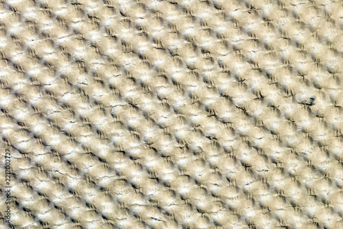 The textured surface of pressed paper featuring a regular diagonal pattern of circular indentations.