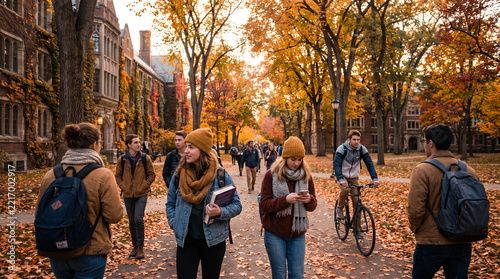 College students walking and biking on campus in autumn foliage  