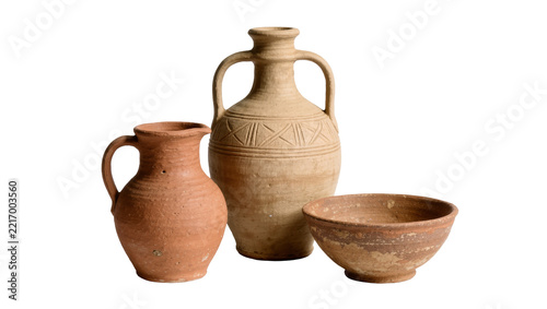 Obraz na plátně Ancient terracotta amphora jug and bowl, isolated on transparent background