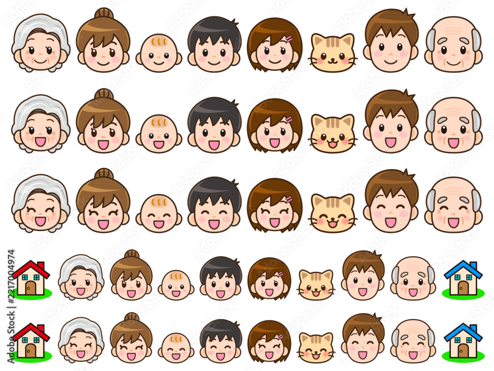 Fototapeta premium 仲良し家族の顏アイコンイラスト素材セット_ベクター
