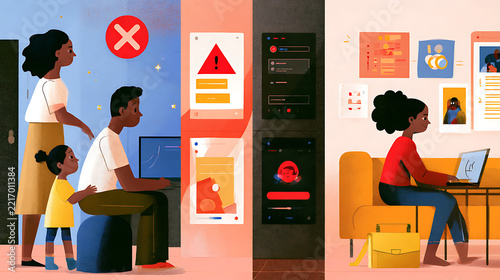 Stylized illustration of family members using laptops with warning and error symbols, representing online safety, parental supervision, digital risks, and secure internet use.