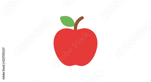 Red apple with green leaf is displayed on a white background