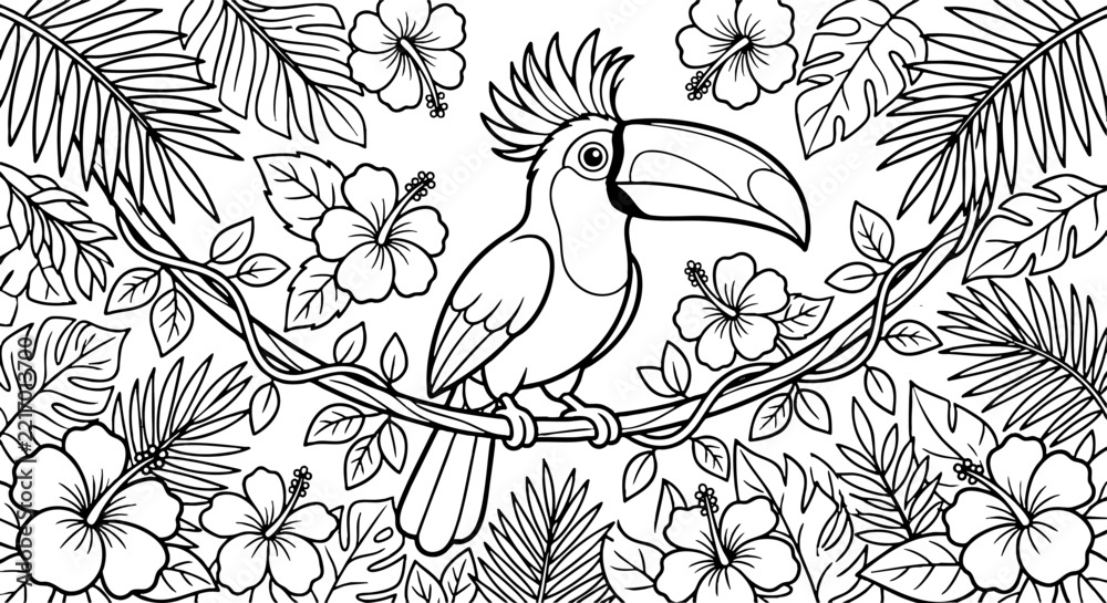 Fototapeta premium Tropical toucan bird coloring page with hibiscus flowers