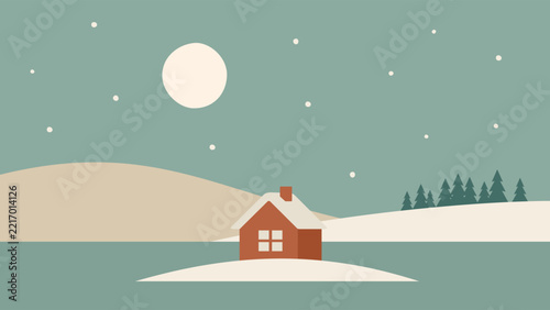 Cozy small house on snowy island under full moon in winter. Easy to edit, hand drawn vector illustrations in Scandinavian style