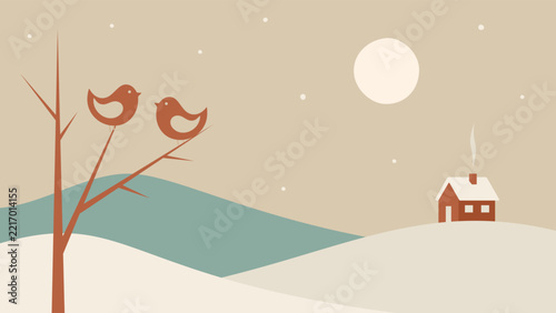 Two birds on bare tree branch in winter landscape with cozy house. Easy to edit, hand drawn vector illustrations in Scandinavian style