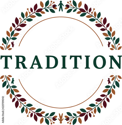 Traditional folk art botanical wreath emblem, vintage floral circle frame labels Editable Vector