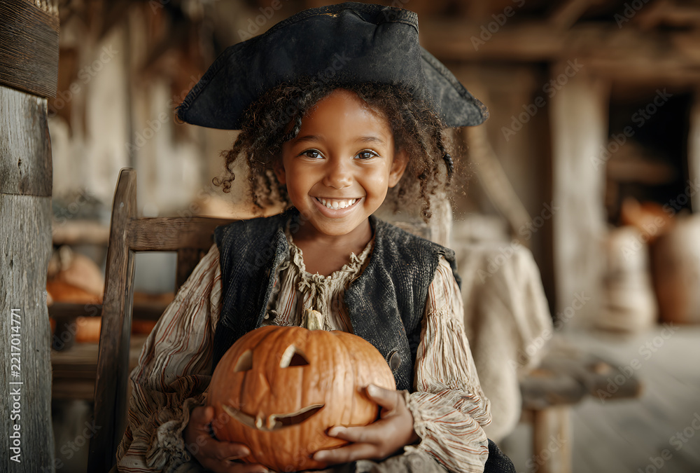 Naklejka premium a photo of a happy african american girl dressed as a pirate with a black hat, sitting on a chair and holding a halloween pumpkin.
