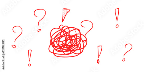 Red scribble surrounded by question marks and exclamation points on a white background