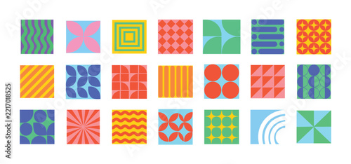 A vibrant collection of colorful abstract geometric patterns neatly arranged in a grid formation on a simple white background