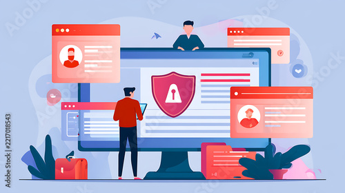 Stylized illustration of digital identity and access security with user profiles, a shield, and a lock displayed on a computer interface.