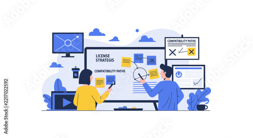 Business Team Planning License Strategies and Compatibility Paths Illustration
