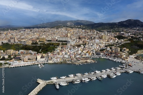 Aerial view, front harbor, fishing port, fishing boats, ships, back Sciacca, picturesque, port town, thermal spa, Agrigento Free Community Consortium, Sicily region, Italy, Mediterranean