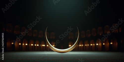 A crescent moon symbol glows with an inner light, casting a warm glow on a dark, atmospheric background. Rows of illuminated arched doorways recede into the distance.