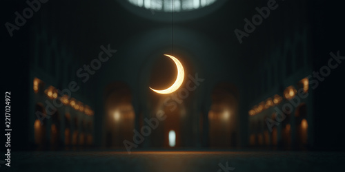 A crescent moon hangs suspended in the vast, dimly lit interior of a grand hall, its warm glow illuminating the arched architecture and echoing chambers.