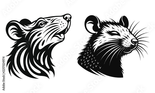 Monochrome graphic set featuring artistic stylized illustrations of rat and mouse heads with decorative patterns and clean outlines for design projects