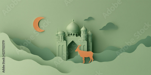 An Islamic mosque illustration with a crescent moon and a deer in a paper art style