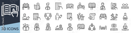 Set of 30 outline icons related to reading. Linear icon collection. Editable stroke. Vector illustration
