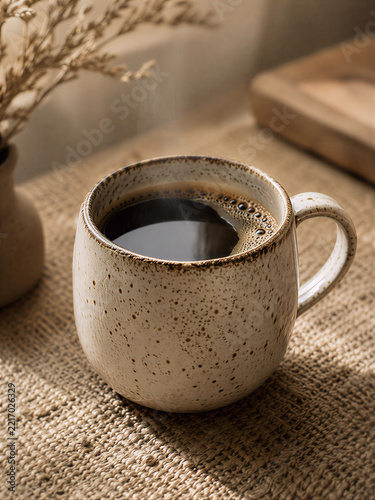 Hot Black Coffee in Speckled Ceramic Mug on Burlap Mat with Steam