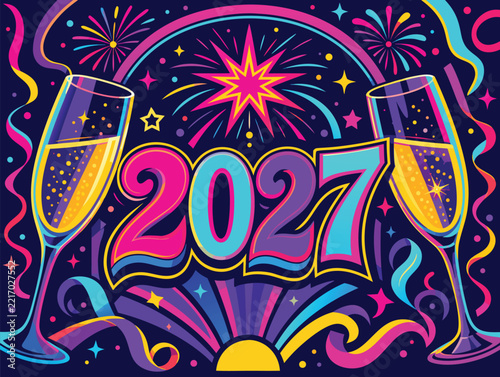 2027 Celebration New Year Elegant Champagne Glass with Colorful Abstract Curves and Sparkling Decorative Elements