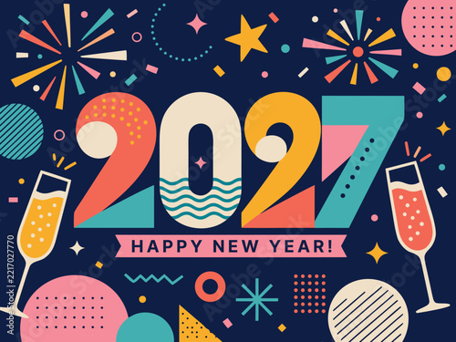2027 New Year Festive Champagne Glass with Bubbles and Colorful Geometric Party Shapes Illustration 