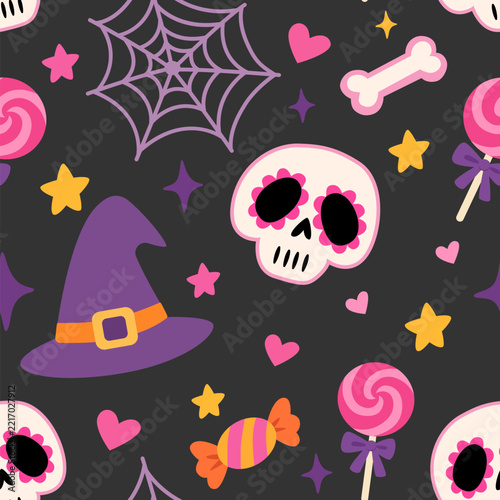Cute Halloween seamless pattern with witch hat, skull and candy.