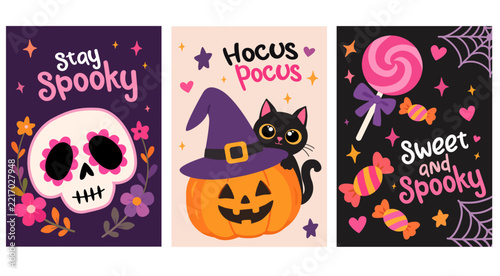 Cute Halloween greeting card set with skull, witch cat and candy.