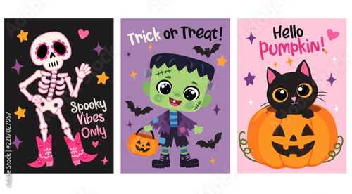 Halloween greeting card set with cute skeleton, frankenstein and black Cat.