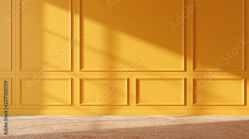 Empty warm mustard ochre paneled wall with rectangular molding, golden sunlight and soft window shadows above a light wood floor in a clean interior backdrop