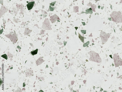 White terrazzo surface with green and pink stone fragments
