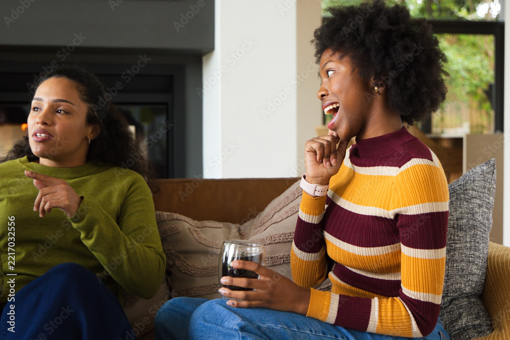 Fototapeta premium African American women friends chatting on sofa in living room, holding stemless glass, copy space