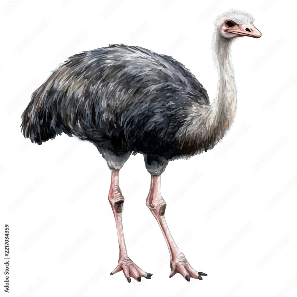 Fototapeta premium Ostrich, realistic watercolor artwork on white background