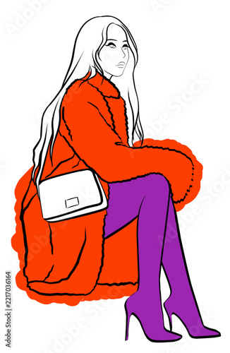 Fashion sketch of a model in an orange fur coat