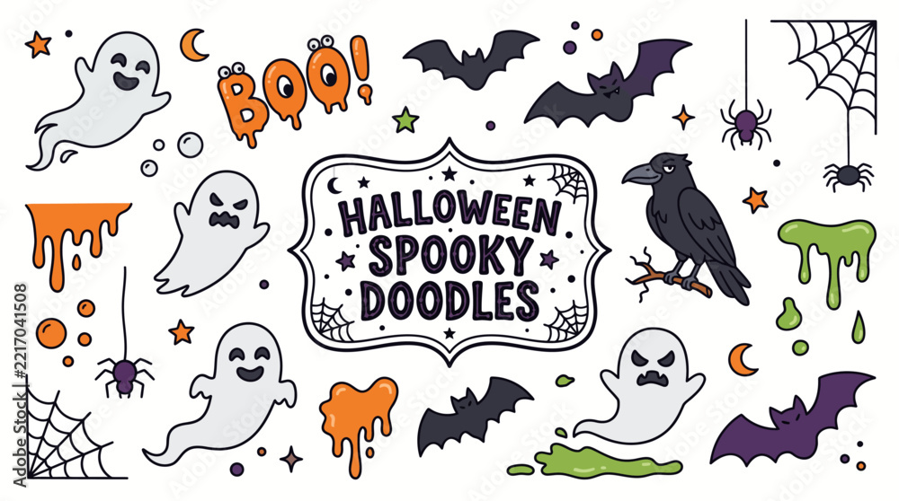 Fototapeta premium Very beautiful realistic vector Halloween doodle set featuring ghosts, bats, raven, spider, dripping shapes and playful Boo lettering, centered label 