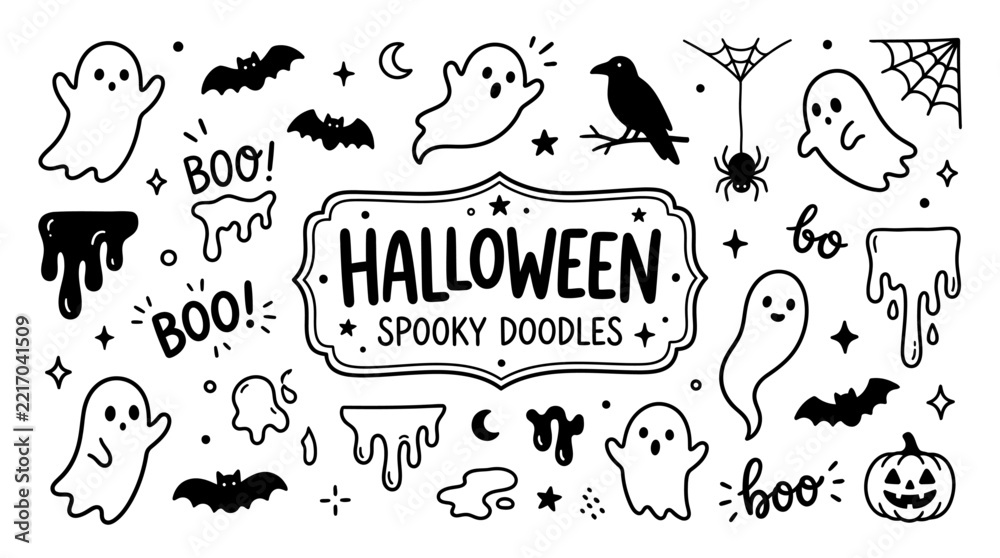 Fototapeta premium Very beautiful black and white vector Halloween doodle set featuring hand-drawn ghosts, bats, raven, spider, dripping shapes and Boo lettering, centered label 