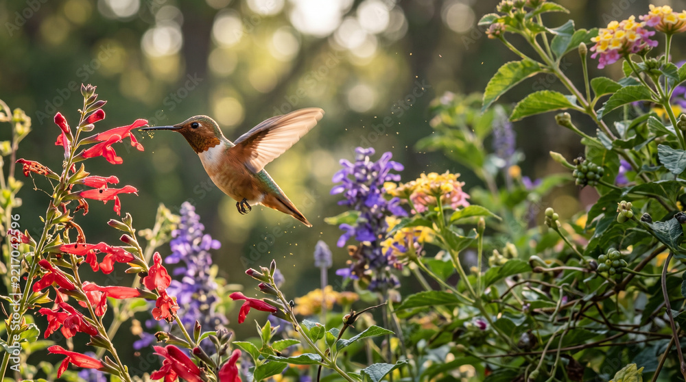 Fototapeta premium Hummingbird Feeding Among Colorful Flowers in a Natural Garden Habitat