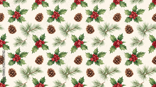 repeating pattern of watercolor holly berries pine cones and evergreen needles on cream background christmas holiday forest nature winter foliage wrapping paper aesthetic